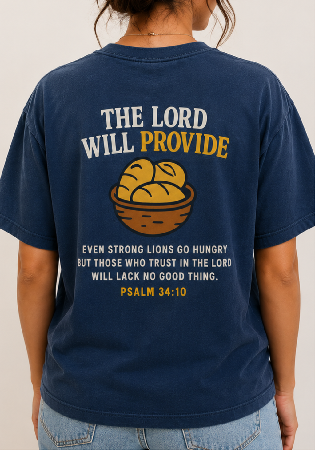 The Lord Will Provide – Psalm 34:10 Comfort Colors Tee, navy blue tshirt