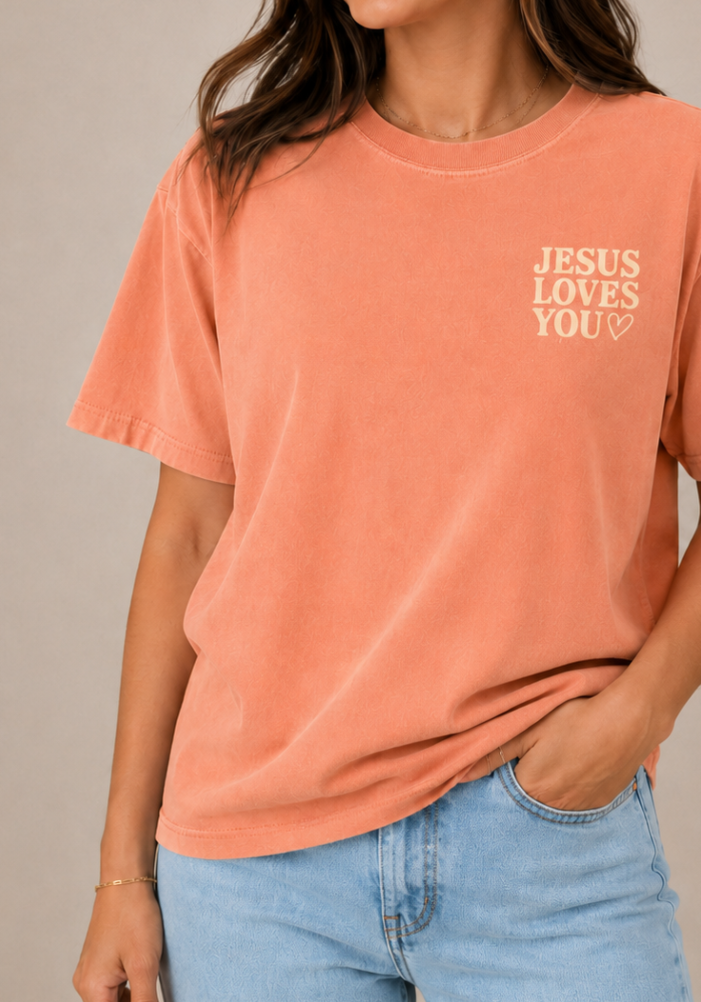 Jesus Loves You Christian T-Shirt | Romans 8:38–39 Faith Tee, peachy color