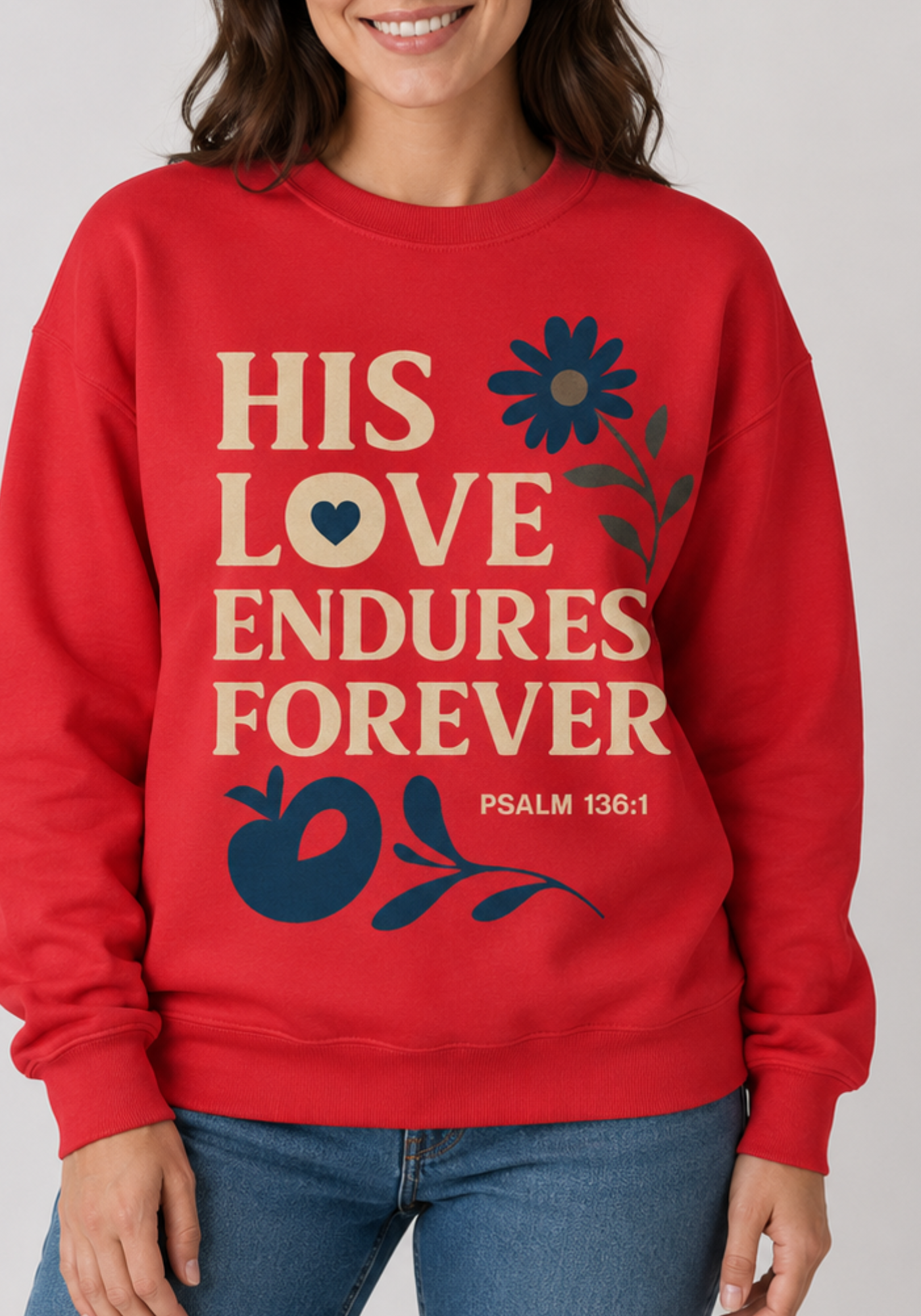 His Love Endures Forever Gildan Crewneck, red color